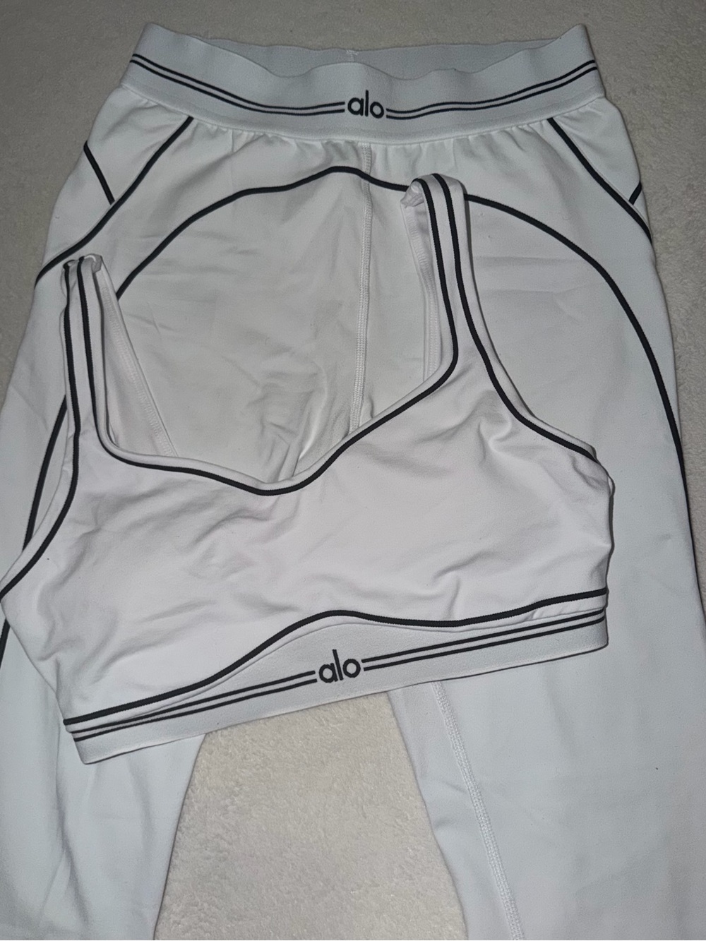 ALO Yoga White Leggings and Matching Sports Bra with Black Trim